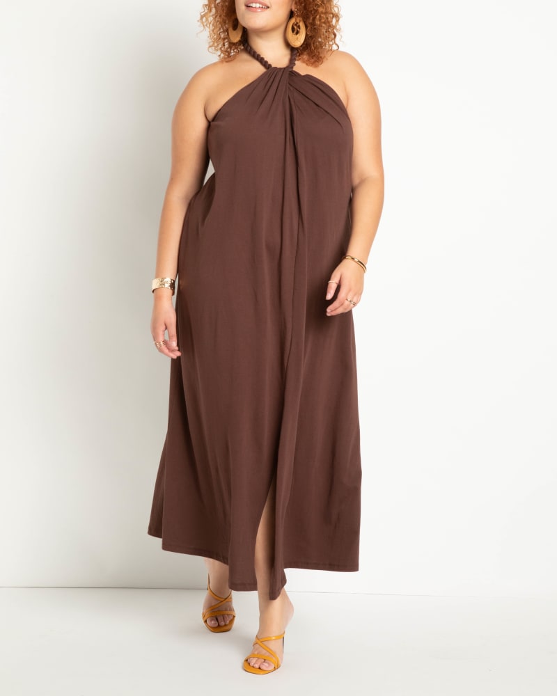 Front of a model wearing a size 20 Halter Dress With Braided Detail in Chocolate Fondant by ELOQUII. | dia_product_style_image_id:272803